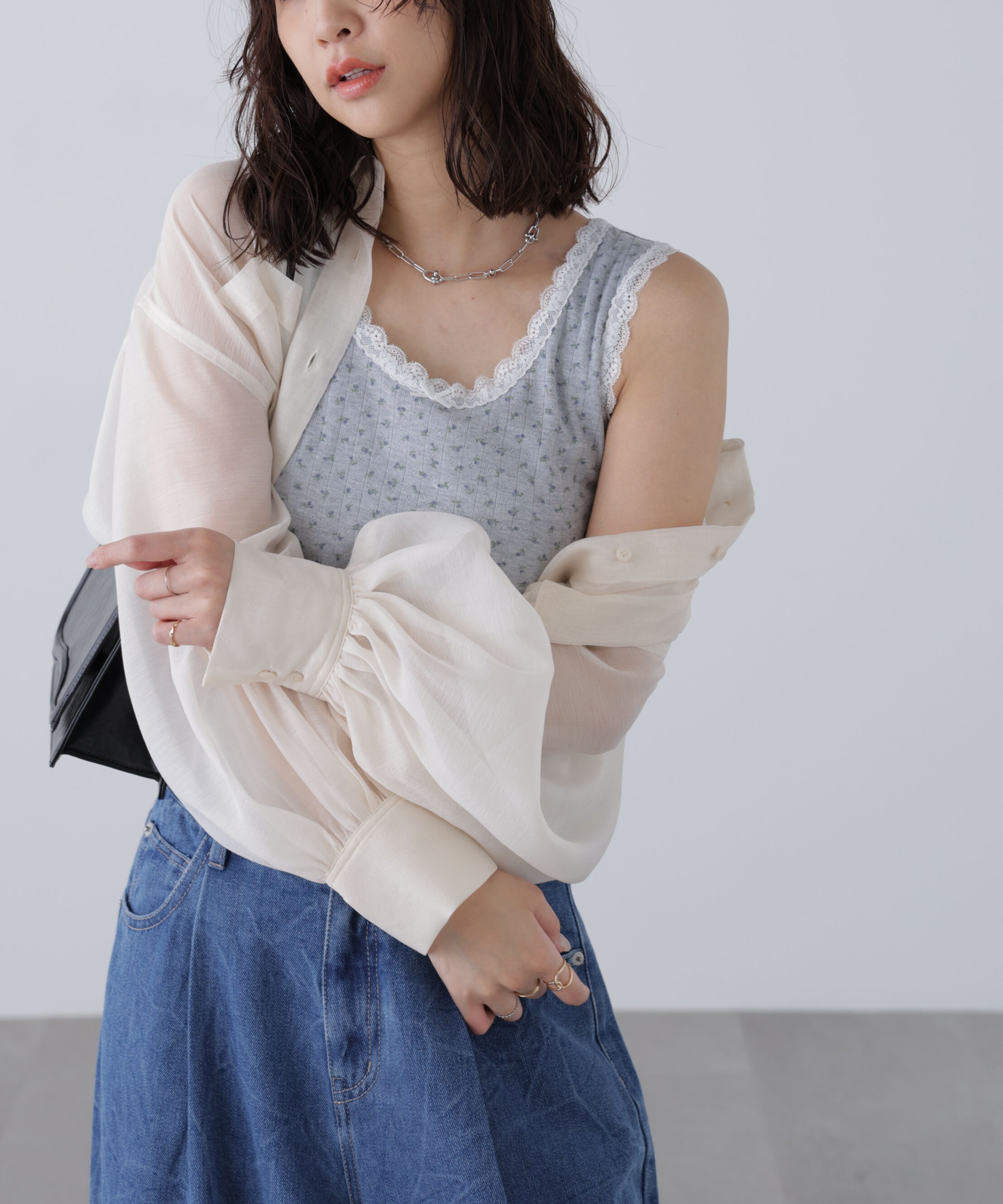  「花柄レーステレコタンクトップ」|Tシャツ・カットソー|
