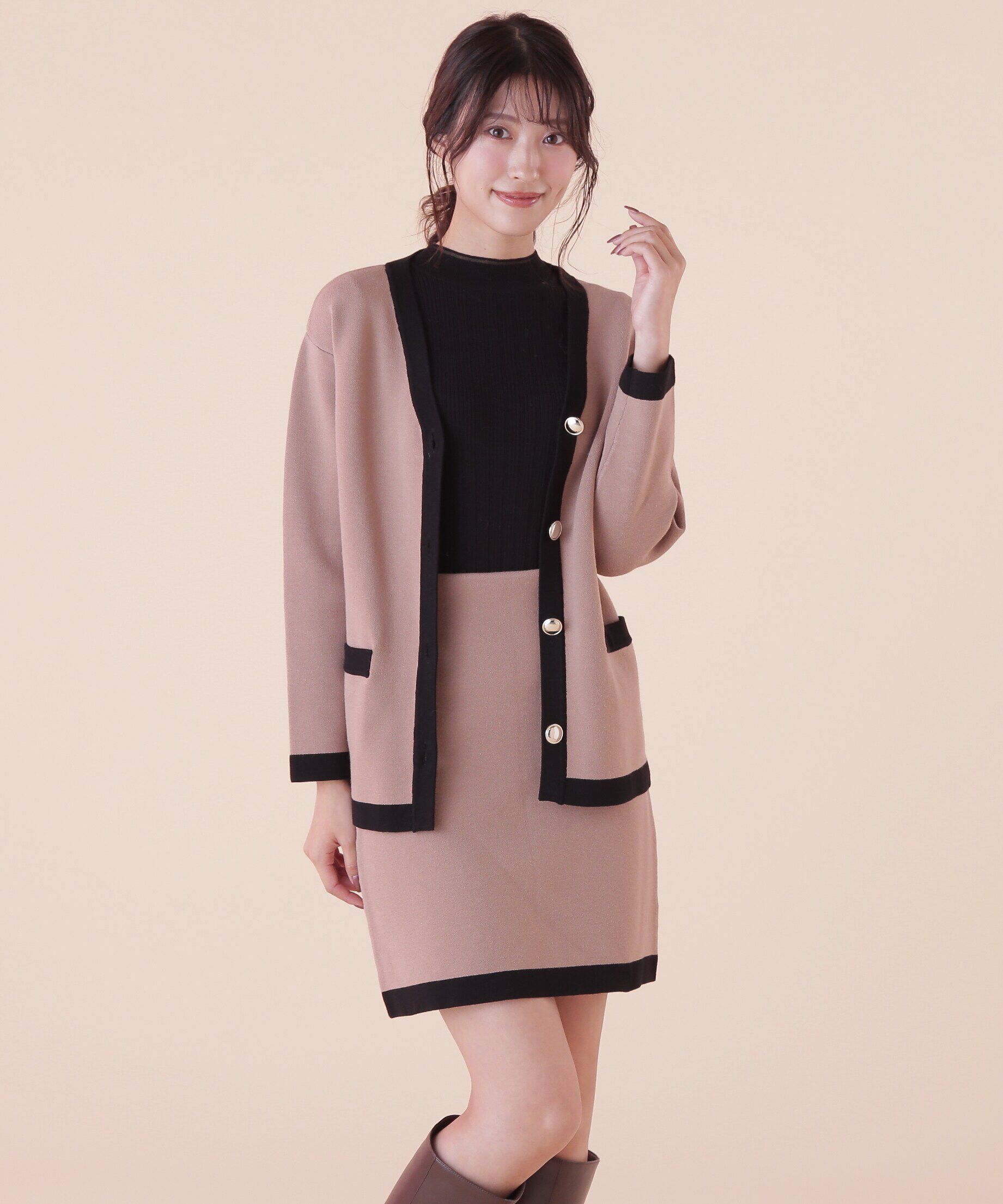  「◆ロングカーデ&times;ミニスカート　セットアップ」|ワンピース|ベージュ