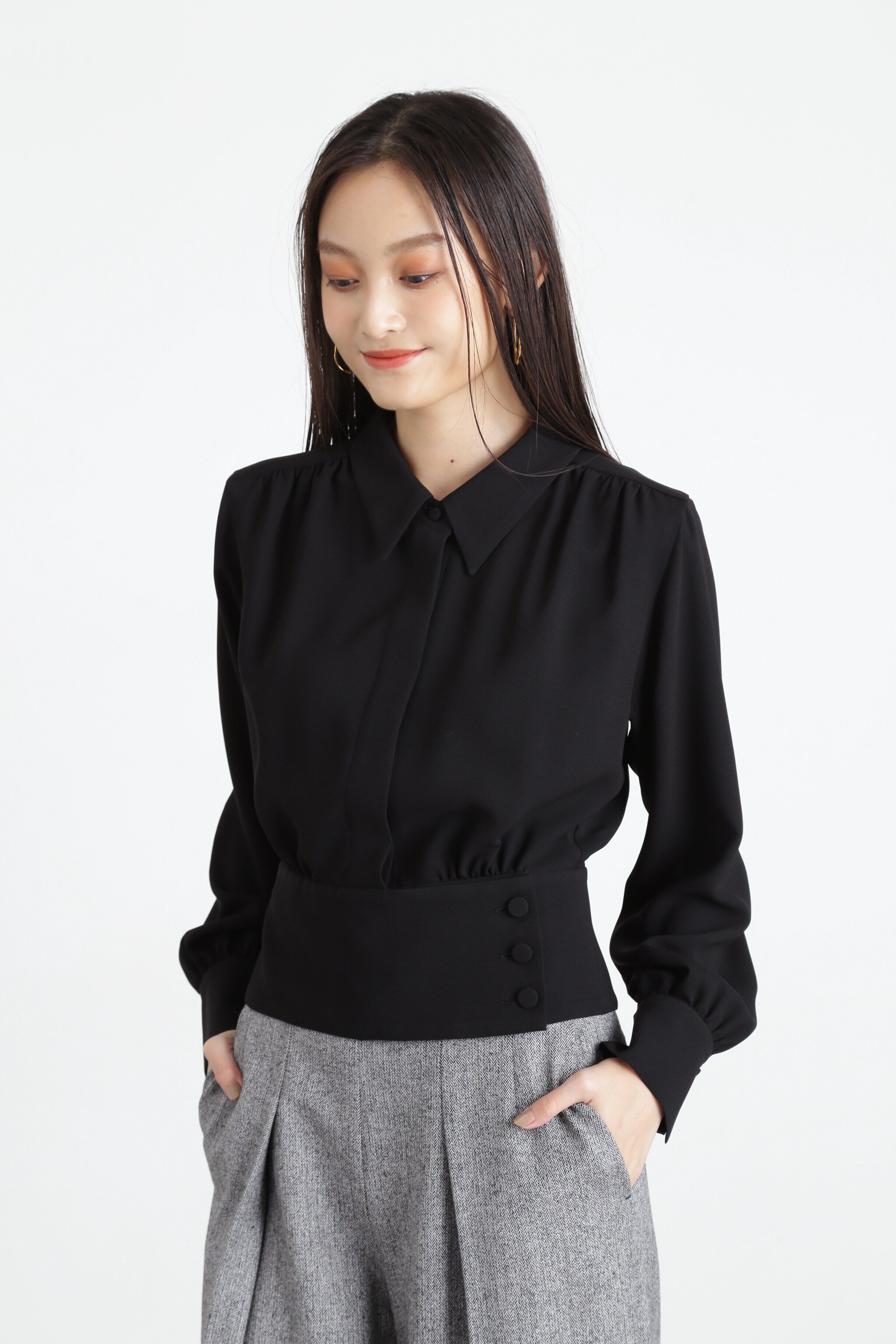  「◆シャツカラーブラウジングブラウス」|シャツ・ブラウス|ブラック