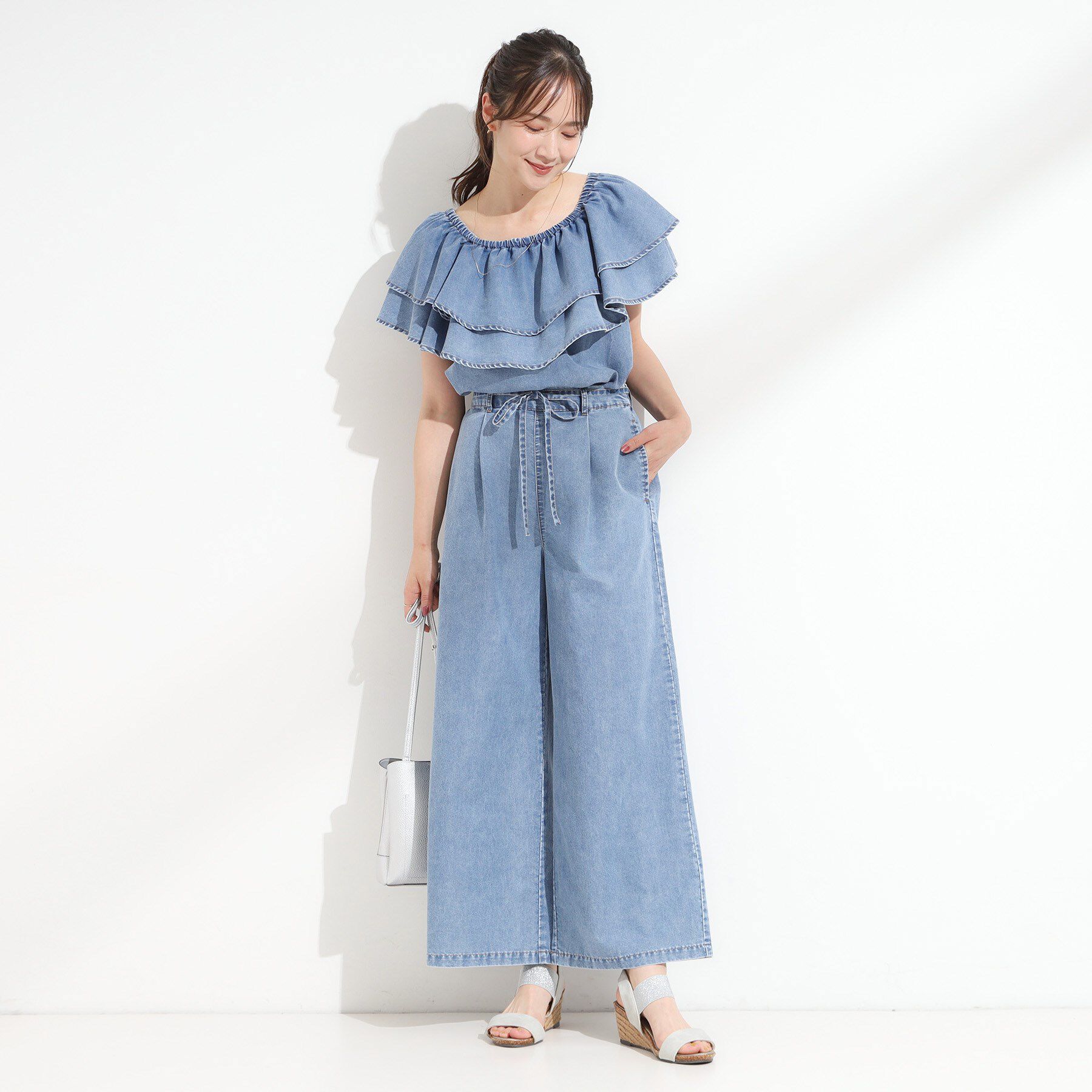 SHOO･LA･RUE「【セットアップ可/S-LL】リボン付き イージーワイドデニムパンツ」|デニム|