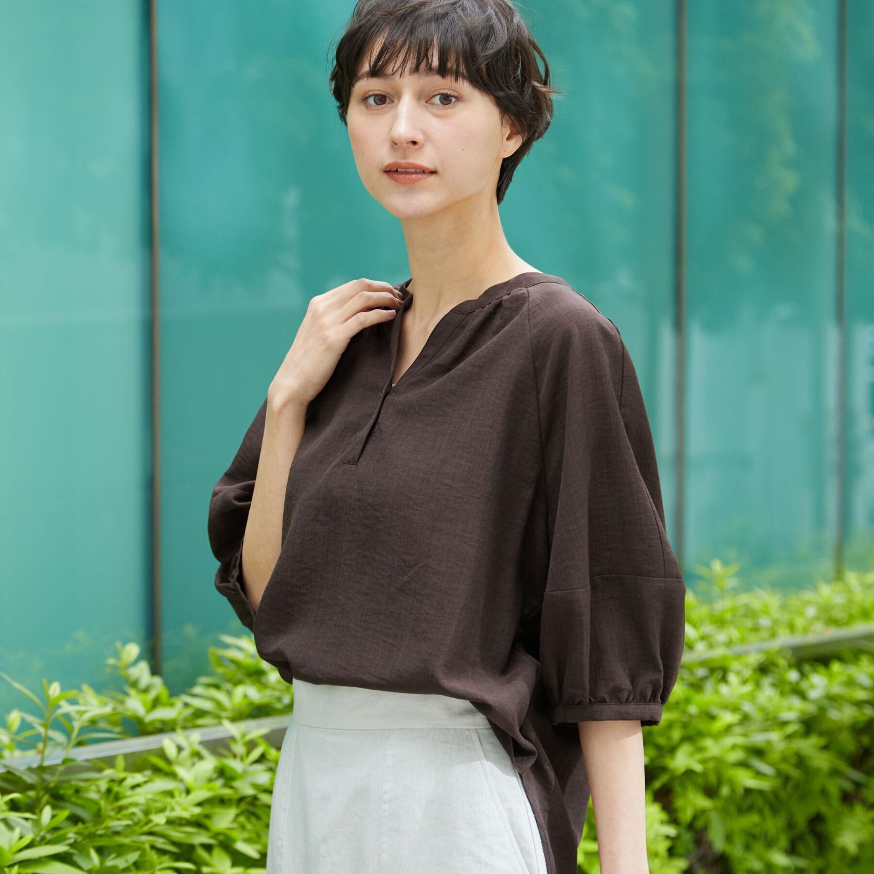 Dessin「【洗える】スキッパ―五分袖ブラウス（XS～L）」|シャツ・ブラウス|