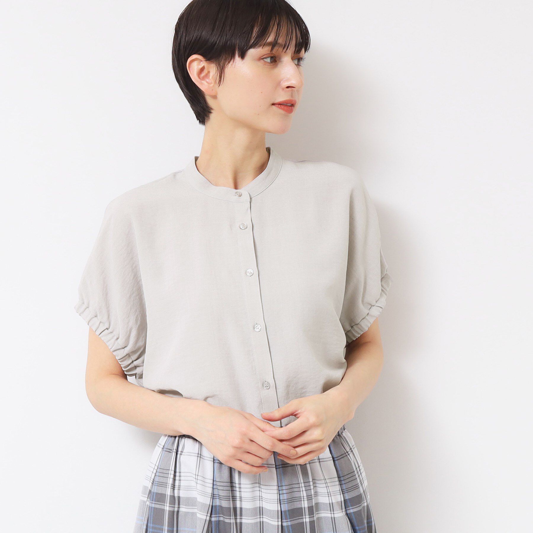 Dessin「【洗える】バンドカラー袖ギャザーブラウス」|シャツ・ブラウス|