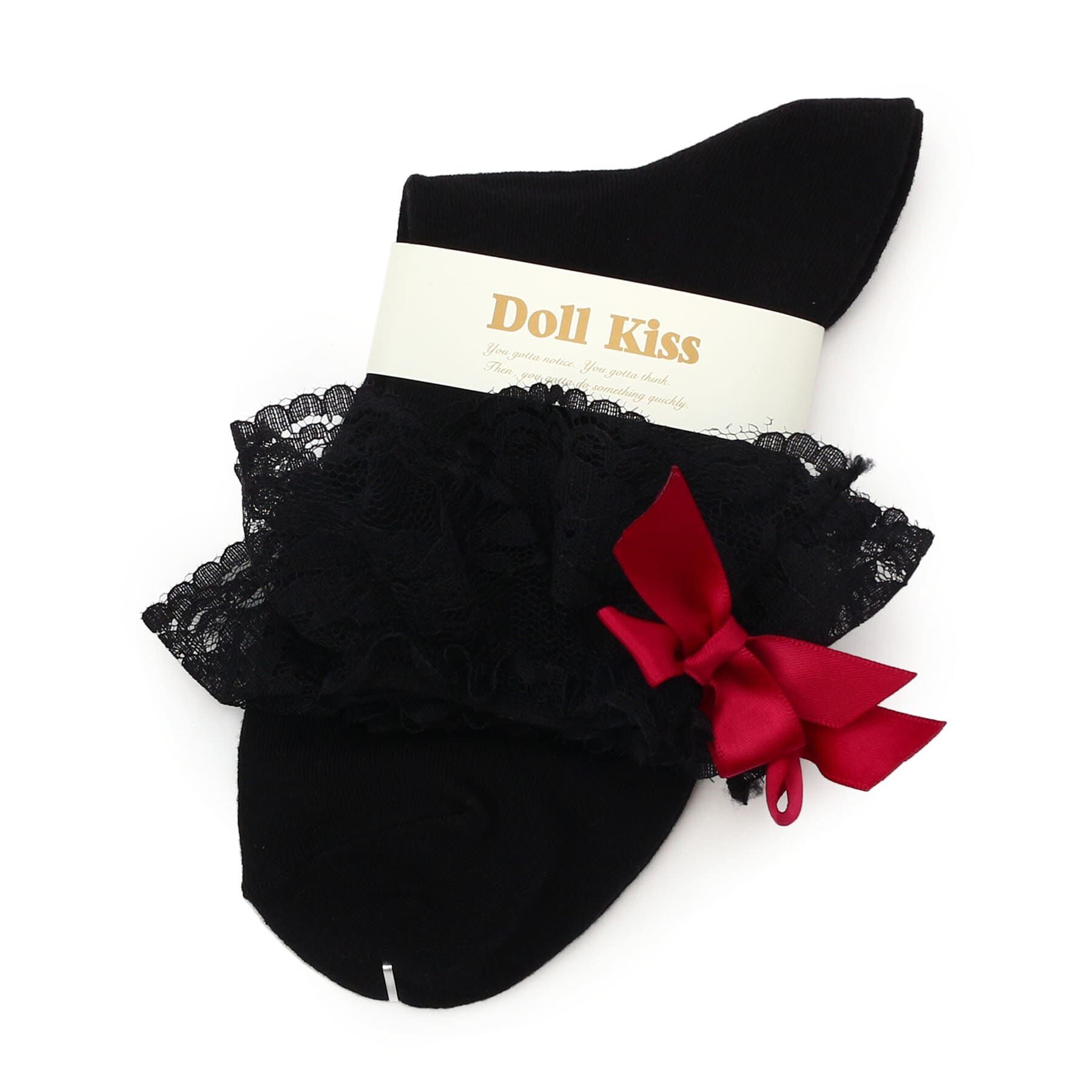 Doll Kiss「レース&times;リボン付きクルーソックス　靴下」|ソックス|ﾌﾞﾗｯｸ/ﾜｲﾝ(963)