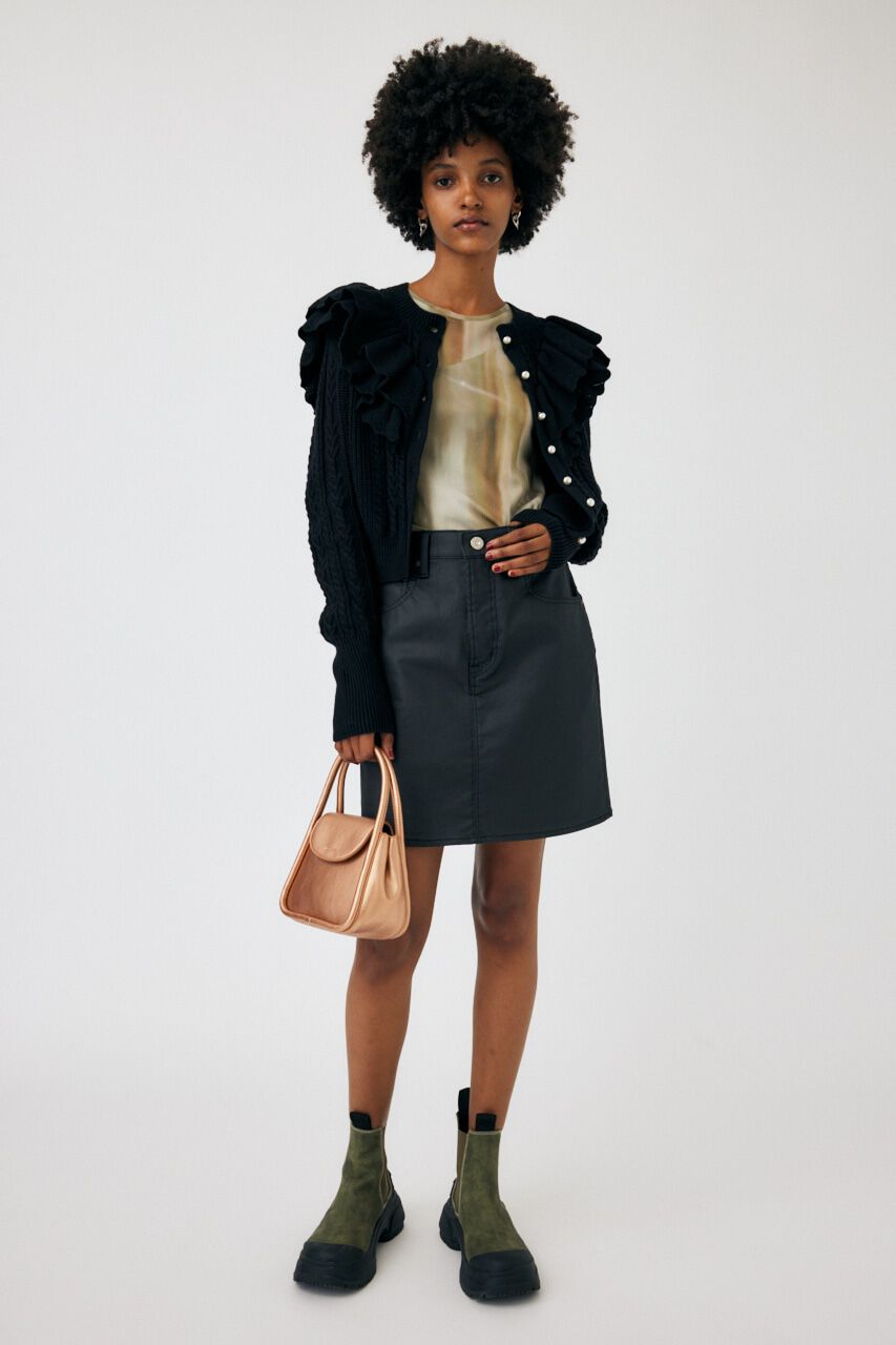 MOUSSY「F／PEARL BUTTON STAND FRILL カーディガン」|ニット・セーター|BLK