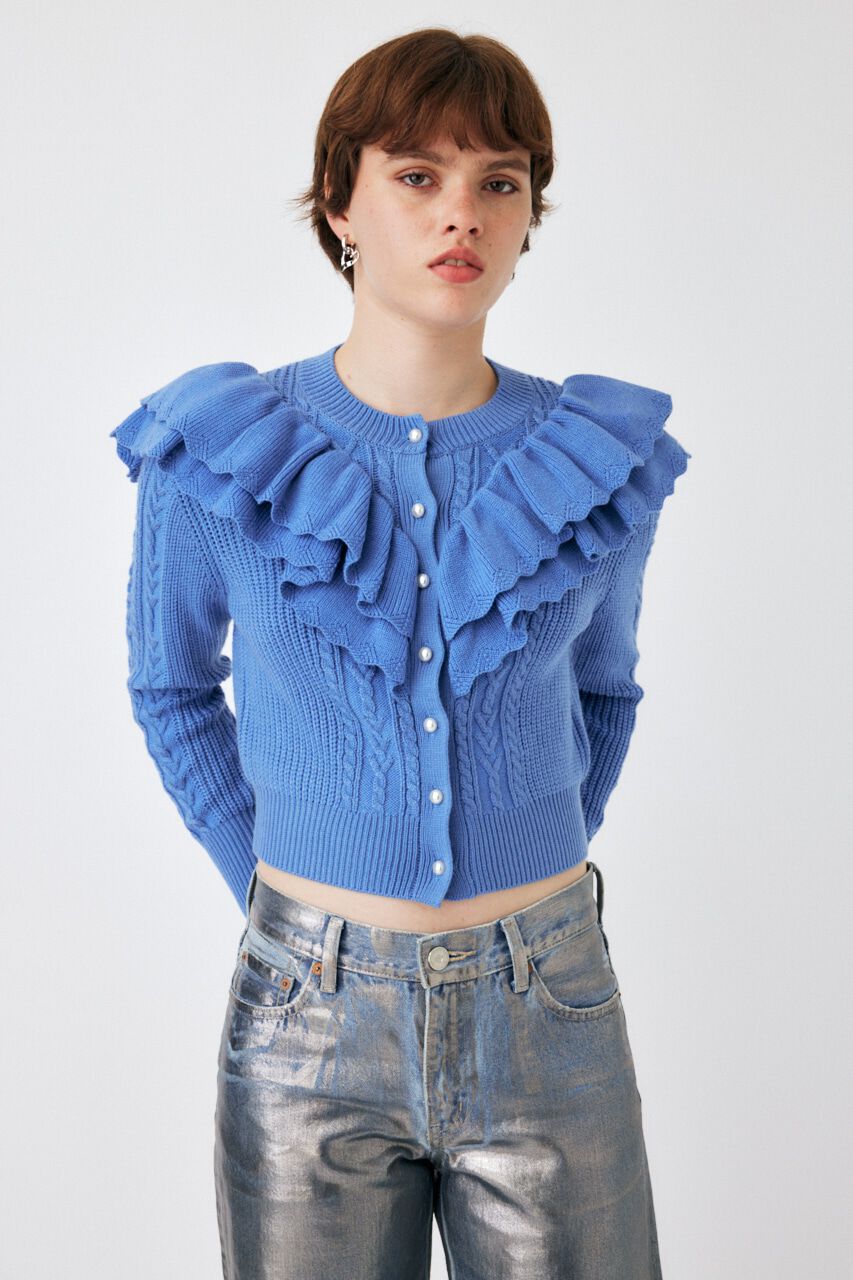 MOUSSY「F／PEARL BUTTON STAND FRILL カーディガン」|ニット・セーター|