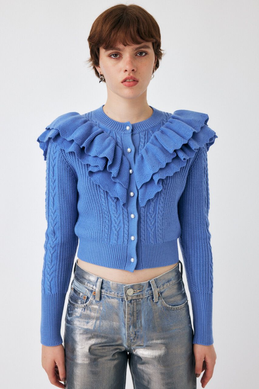MOUSSY「F／PEARL BUTTON STAND FRILL カーディガン」|ニット・セーター|