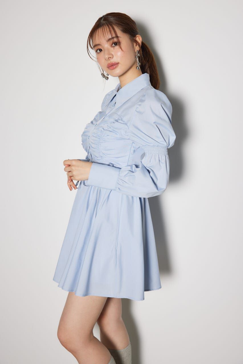 rienda「フロントシャーリングリボンミニシャツフレアワンピース」|ワンピース|