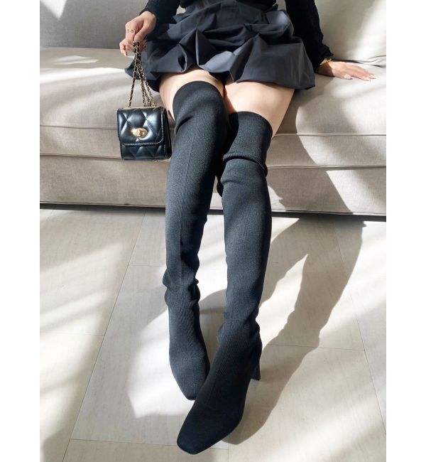 dazzlin「サイハイスリムニットブーツ」|ロングブーツ|ブラック