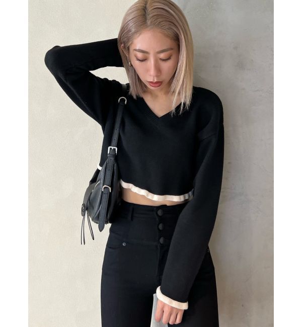 EMODA「Vネックフリルショートニット」|ニット・セーター|