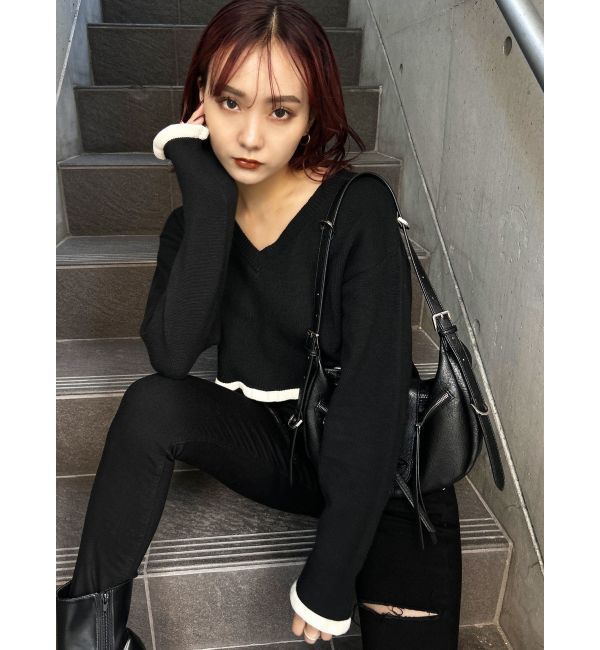 EMODA「Vネックフリルショートニット」|ニット・セーター|