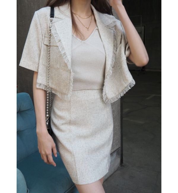 EVRIS「ハーフスリーブフリンジジャケット【セットアップ着用可能】」|テーラードジャケット|