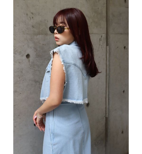 EVRIS「フリンジデザインデニムショートベスト」|デニムジャケット|