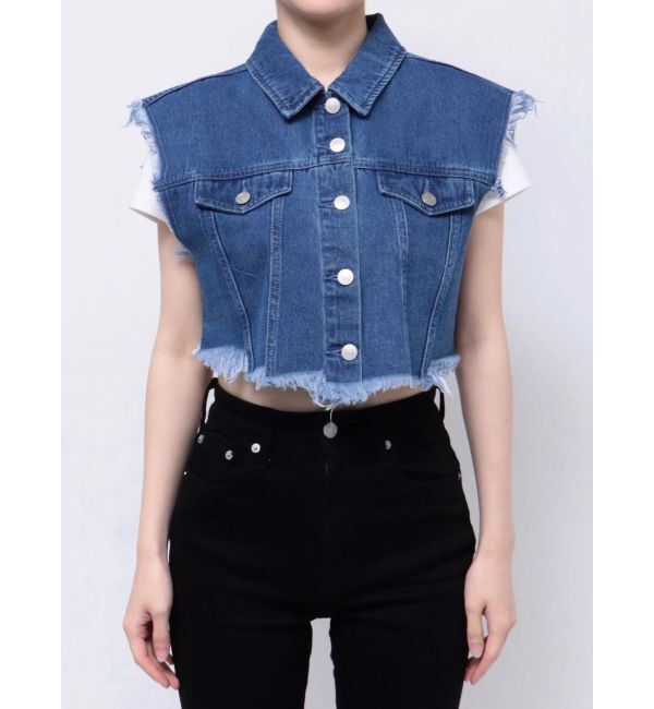 EVRIS「フリンジデザインデニムショートベスト」|デニムジャケット|