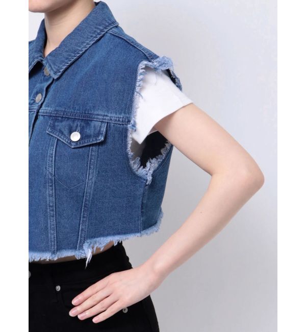 EVRIS「フリンジデザインデニムショートベスト」|デニムジャケット|