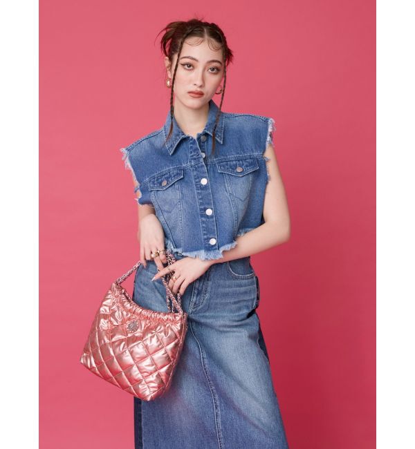 EVRIS「フリンジデザインデニムショートベスト」|デニムジャケット|