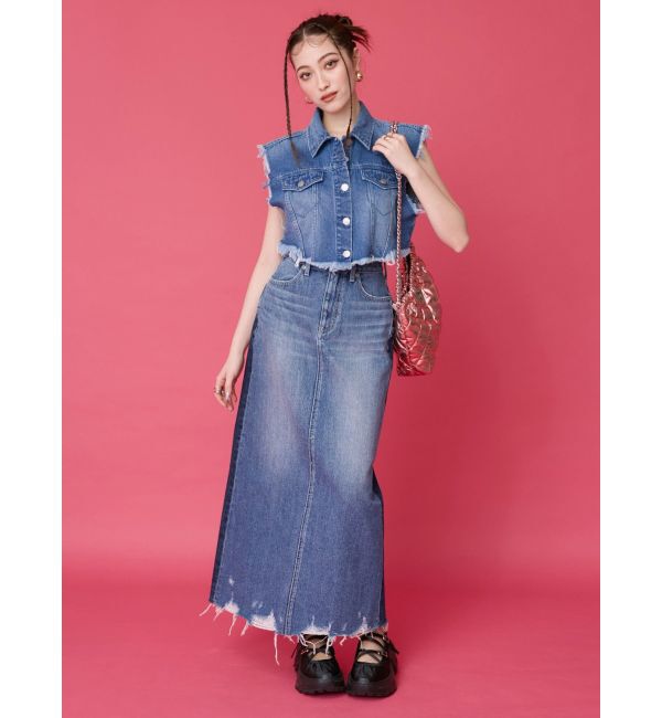 EVRIS「フリンジデザインデニムショートベスト」|デニムジャケット|