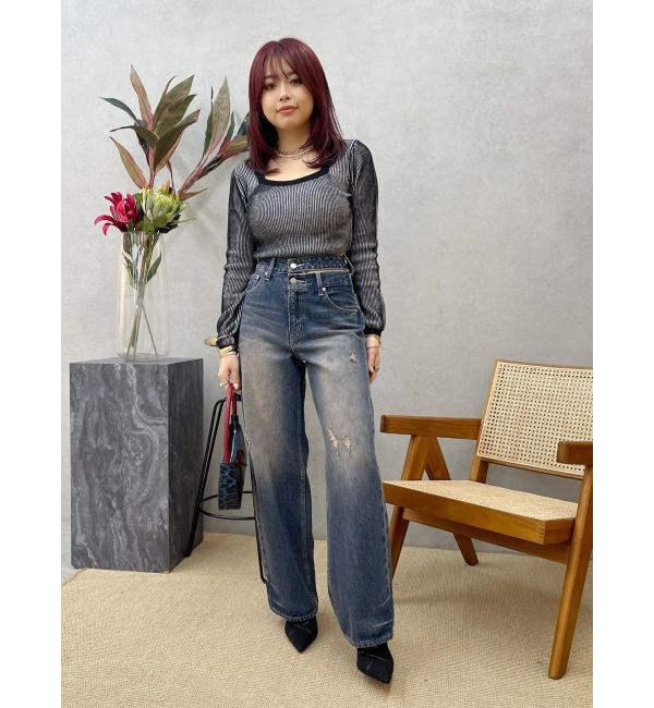 EVRIS「プレーティングリンガースクエアネックニットトップス」|ニット・セーター|