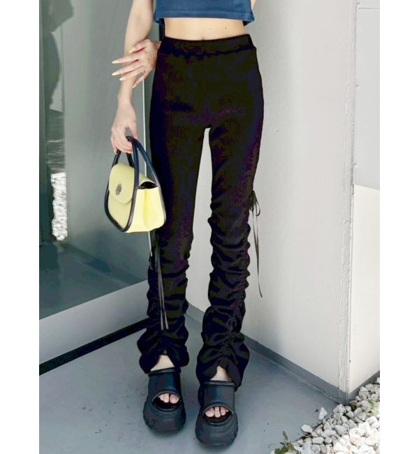 EVRIS「ドロストギャザーリブフレアパンツ」|その他|ブラック