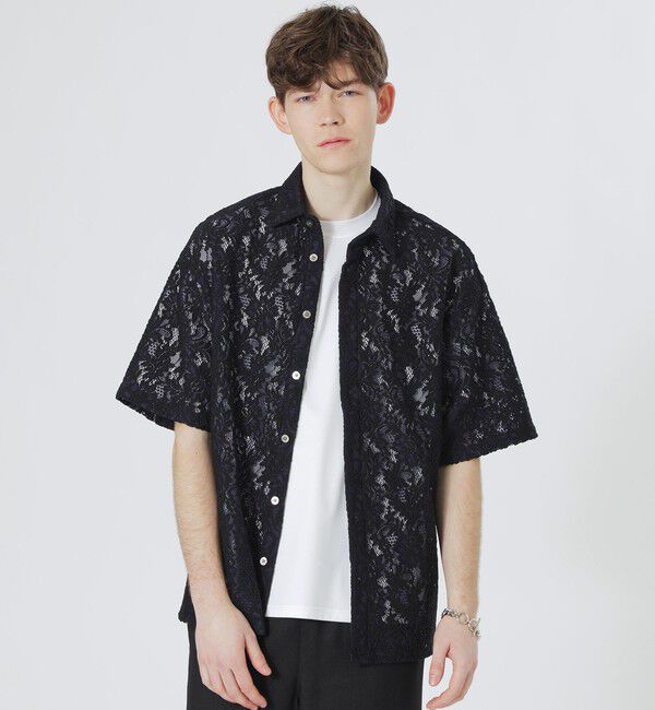  「バイカラーレースショートスリーブシャツ」|シャツ・ブラウス|ネイビー