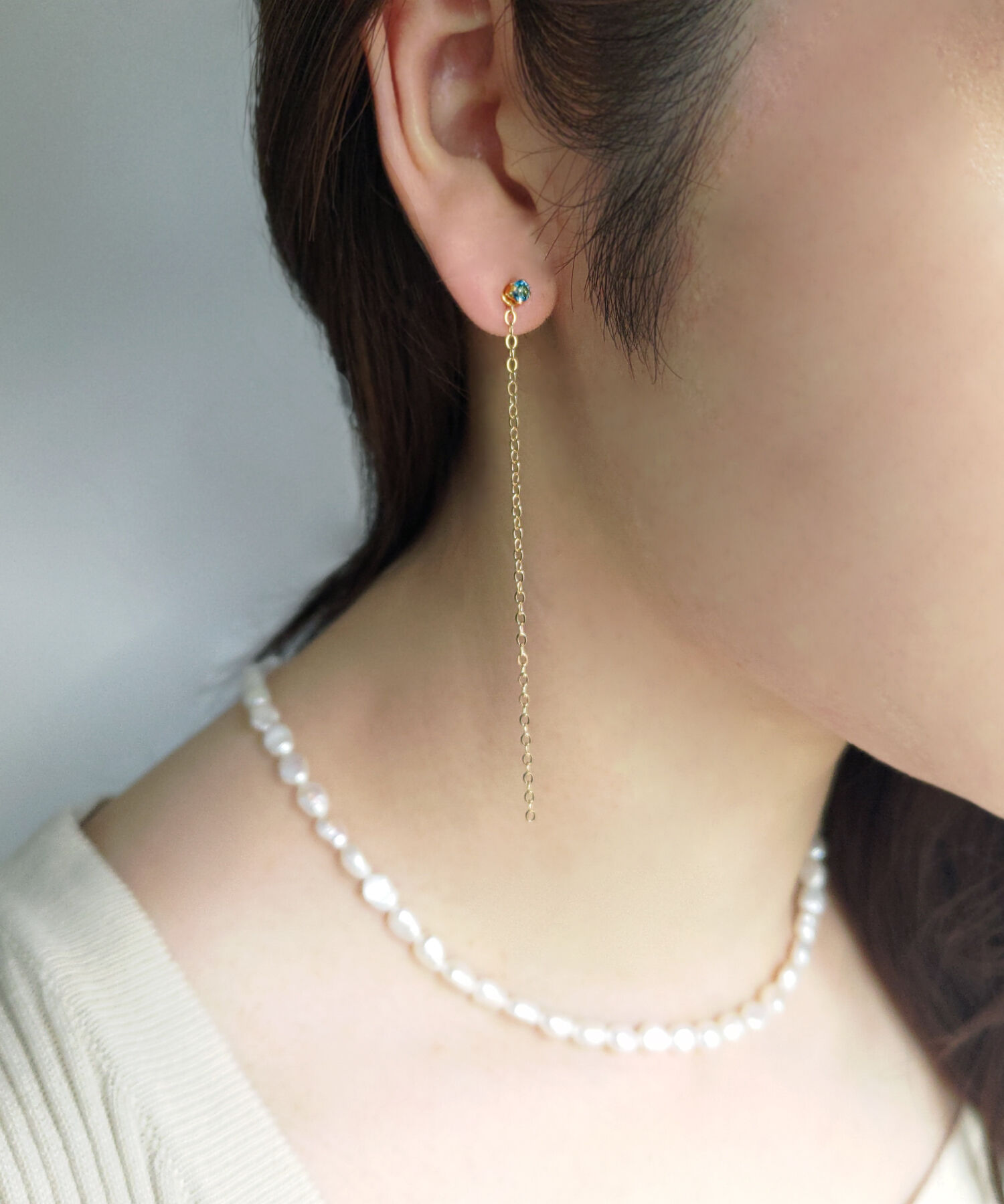  「K14GF ロンドンブルートパーズ&times;パール 2WAY ロングチェーンピアス」|ピアス|