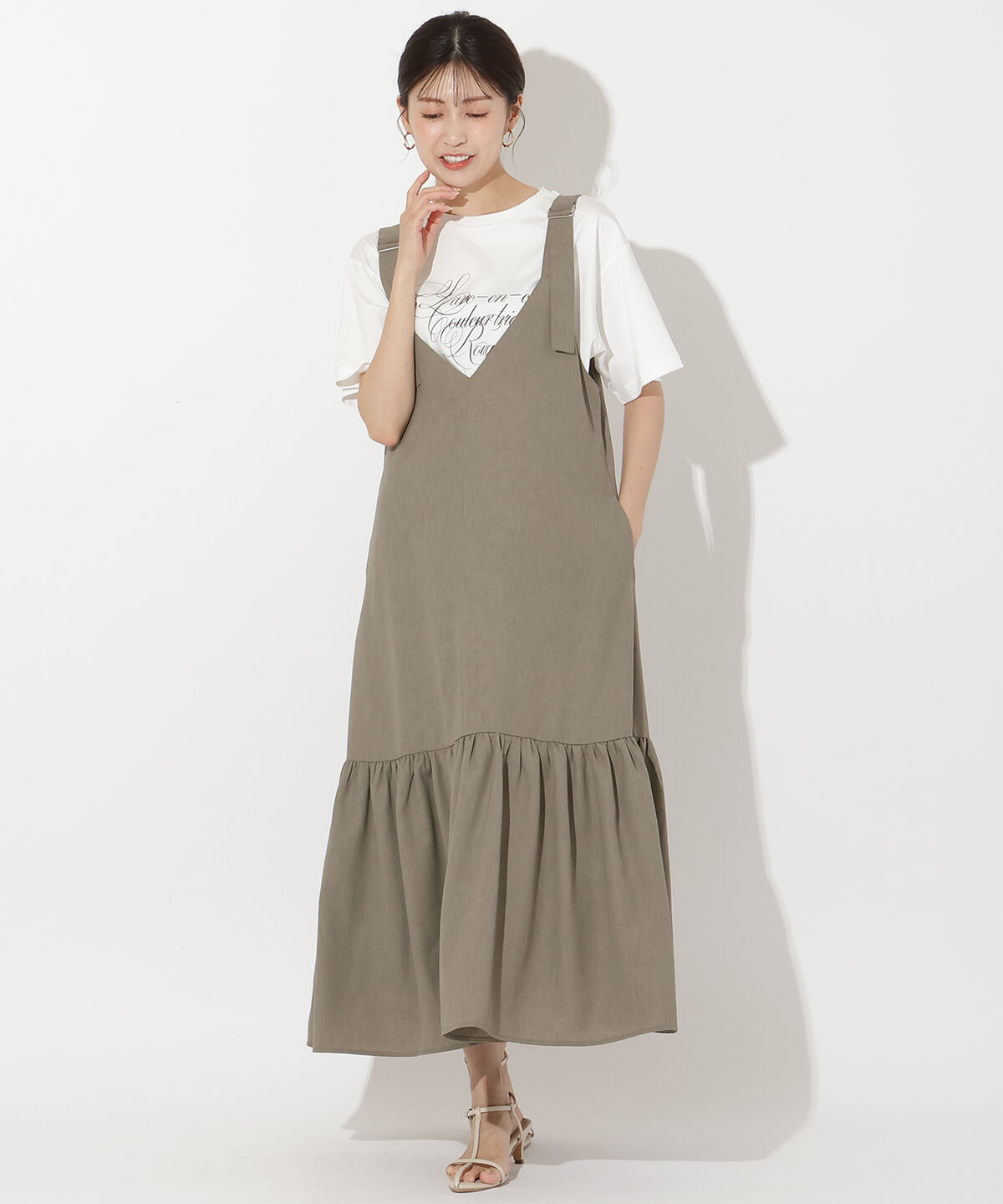 アンドクチュール「フリルギャザー切替ジャンスカ」|ワンピース|カーキ