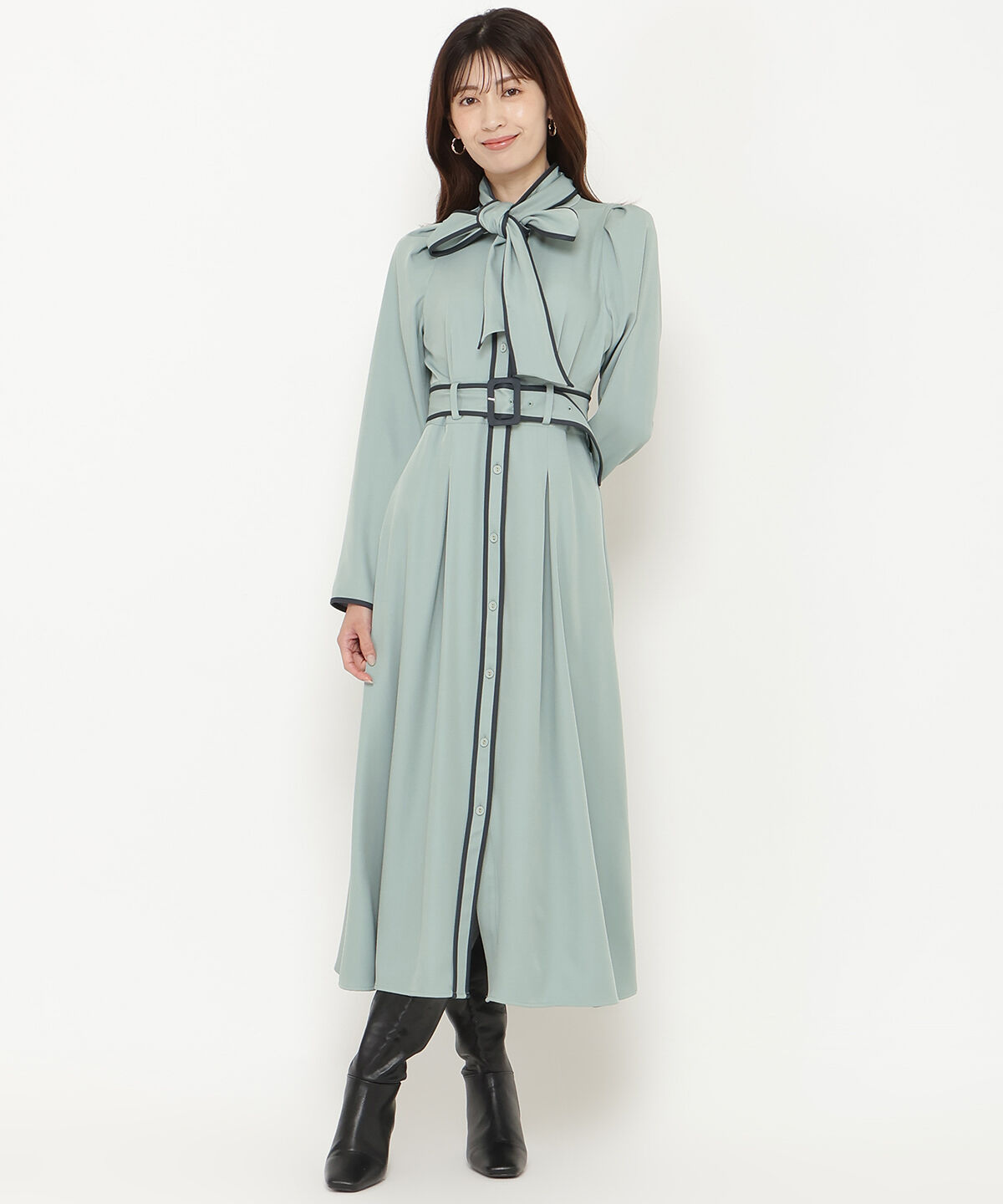 アンドクチュール「配色パイピングボウタイ付きワンピース」|ワンピース|ミント