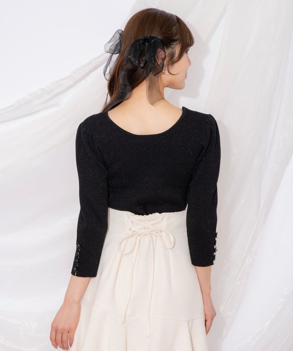 WILLSELECTION「袖フラワーラメ7分袖ニットプルオーバー」|ニット・セーター|