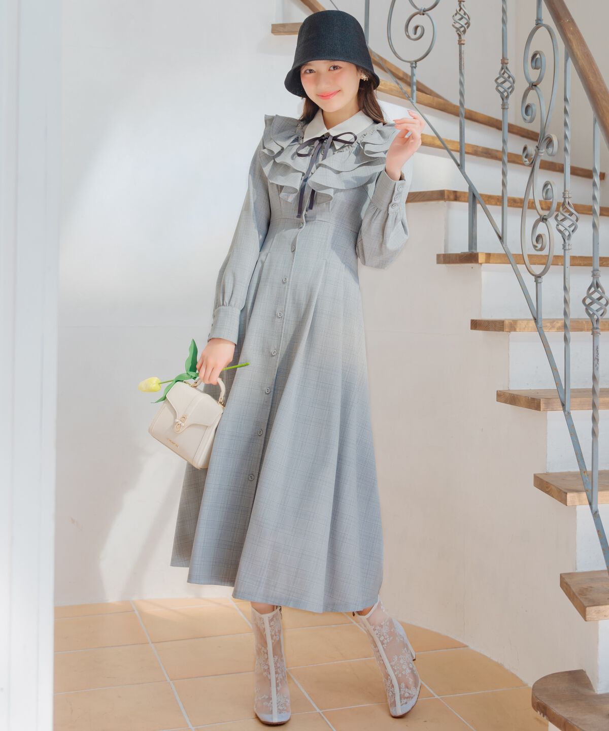 WILLSELECTION「配色襟ダブルフリルシャツワンピース」|ワンピース|ｸﾞﾚｰ系ﾁｪｯｸ