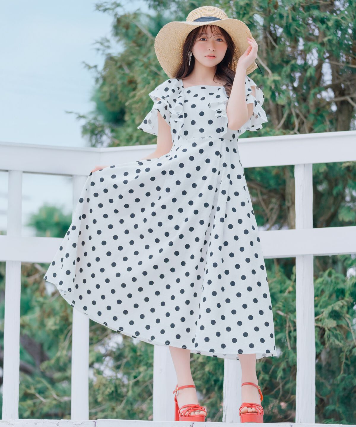 WILLSELECTION「ラッフルショルダーフレアワンピース」|ワンピース|白系水玉