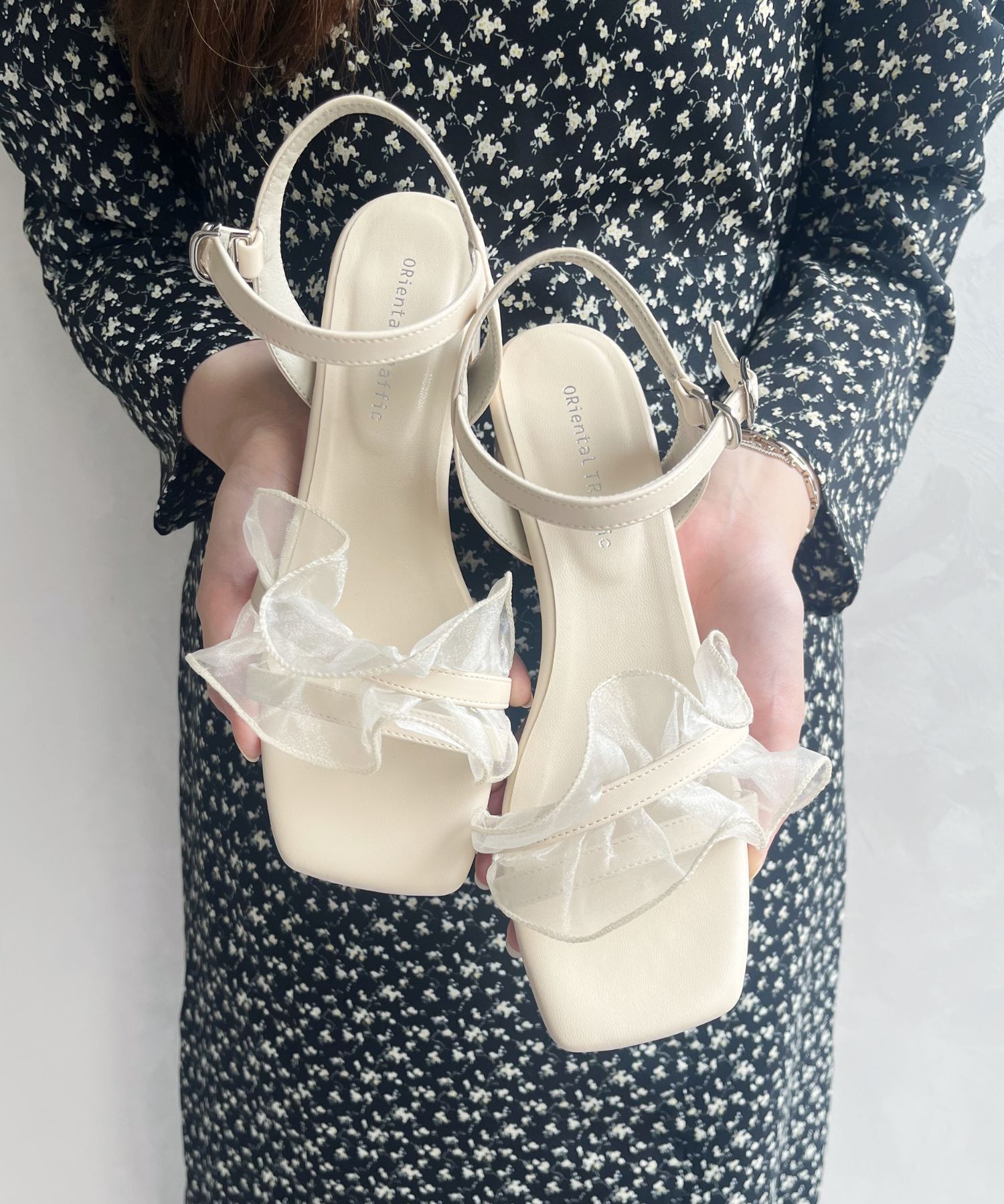 ORiental TRaffic「【WEB限定】●2025春夏新作●フリルストラップヒールサンダル/55210 トレンド 人気 ヒール7cm」|サンダル|