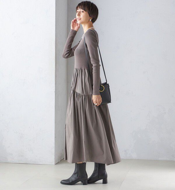 SHIPS for women「〈手洗い可能〉リブ ニット 長袖 &times; 布帛 ギャザー スカート ワンピース」|ワンピース|