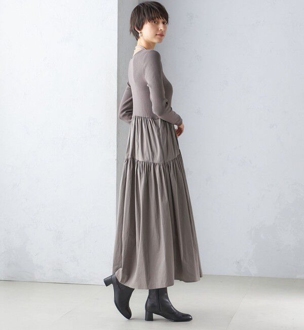 SHIPS for women「〈手洗い可能〉リブ ニット 長袖 &times; 布帛 ギャザー スカート ワンピース」|ワンピース|