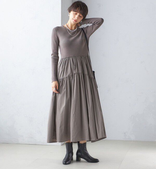 SHIPS for women「〈手洗い可能〉リブ ニット 長袖 &times; 布帛 ギャザー スカート ワンピース」|ワンピース|