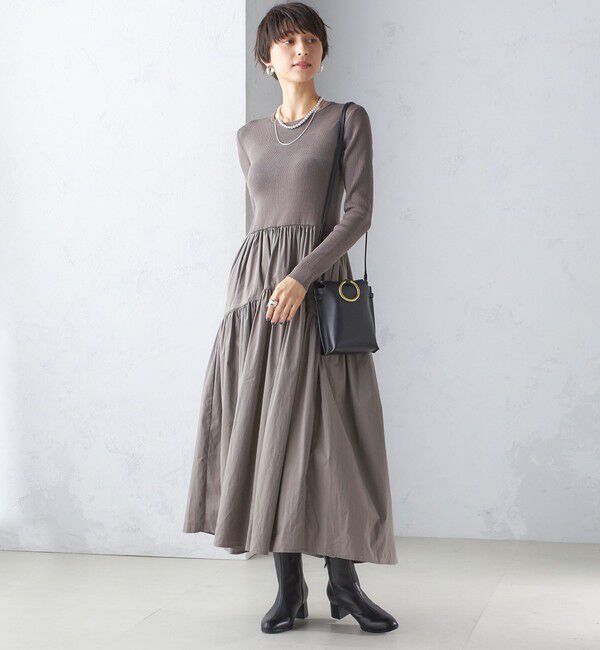 SHIPS for women「〈手洗い可能〉リブ ニット 長袖 &times; 布帛 ギャザー スカート ワンピース」|ワンピース|