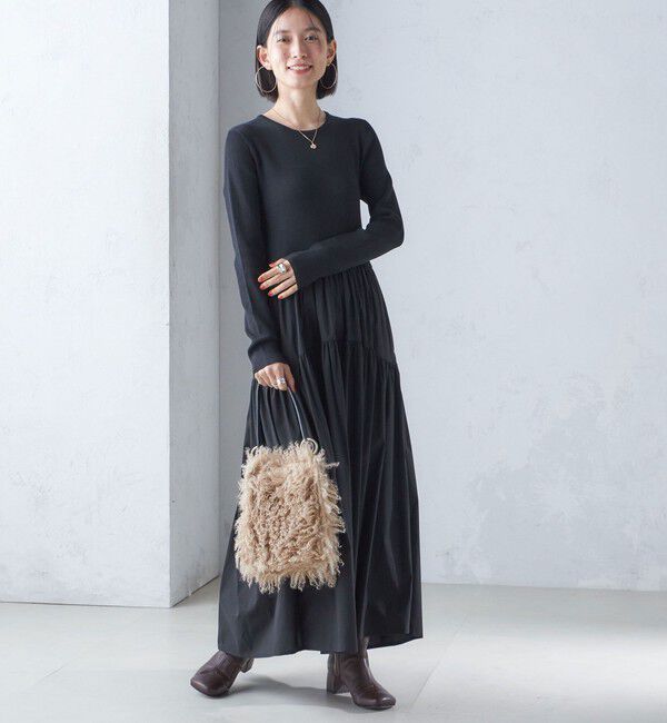 SHIPS for women「〈手洗い可能〉リブ ニット 長袖 &times; 布帛 ギャザー スカート ワンピース」|ワンピース|ブラック