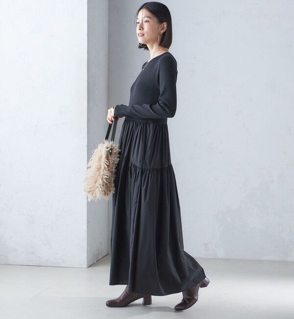 SHIPS for women「〈手洗い可能〉リブ ニット 長袖 &times; 布帛 ギャザー スカート ワンピース」|ワンピース|