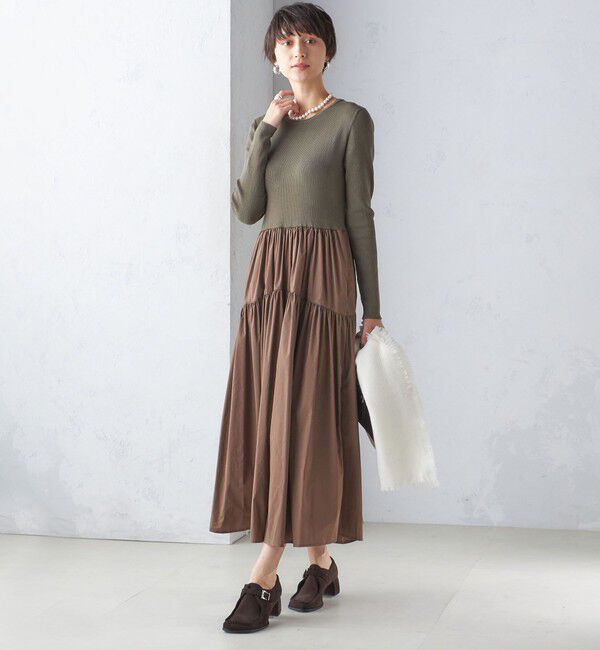 SHIPS for women「〈手洗い可能〉リブ ニット 長袖 &times; 布帛 ギャザー スカート ワンピース」|ワンピース|