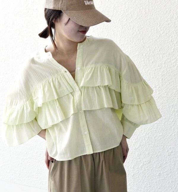 SHIPS any「SHIPS any:〈洗濯機可能〉シアー ボイル フリル バンドカラー シャツ ブラウス」|シャツ・ブラウス|