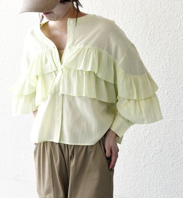 SHIPS any「SHIPS any:〈洗濯機可能〉シアー ボイル フリル バンドカラー シャツ ブラウス」|シャツ・ブラウス|
