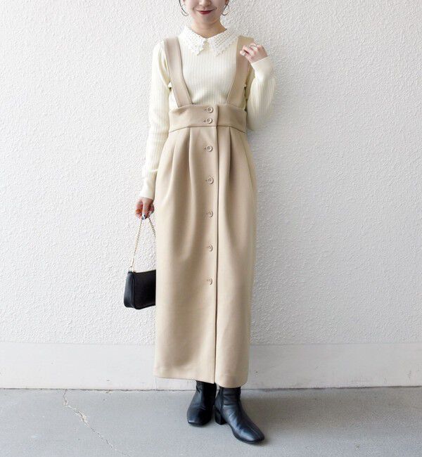 SHIPS any「《予約》SHIPS any:〈洗濯機可能〉ジャージー サスペンダー ハイウエスト Iライン スカート」|スカート|ベージュ