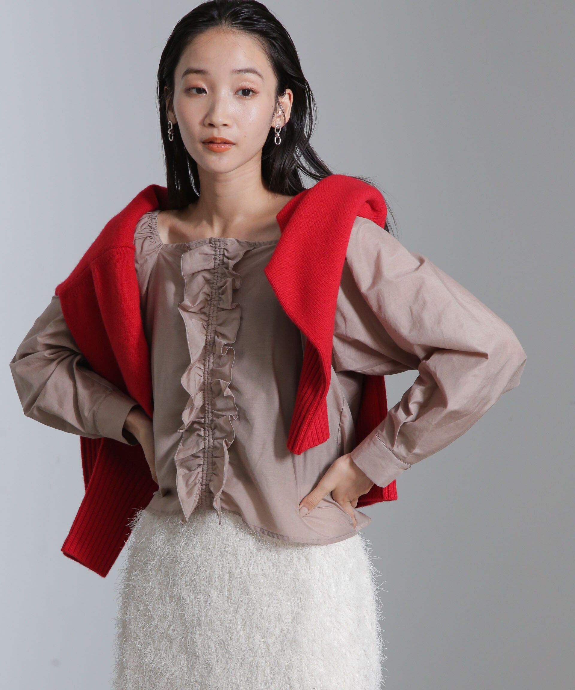 nano･universe「シルク混フロントフリルブラウス」|シャツ・ブラウス|ベージュ