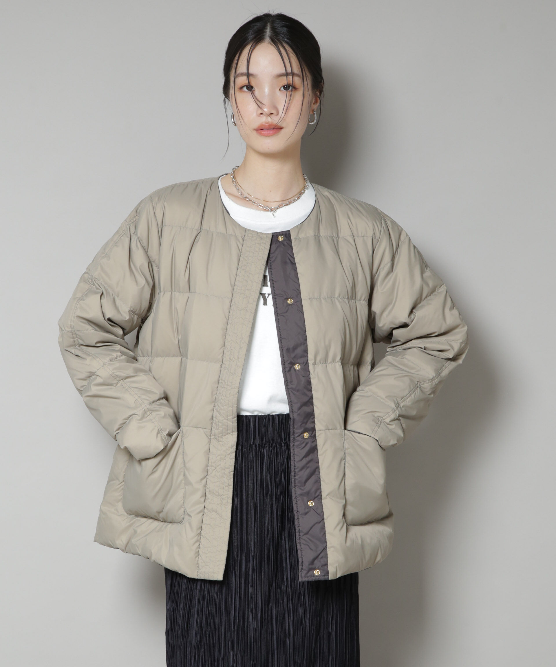 撥水加工ライトダウン リバーシブルノーカラージャケット（nano