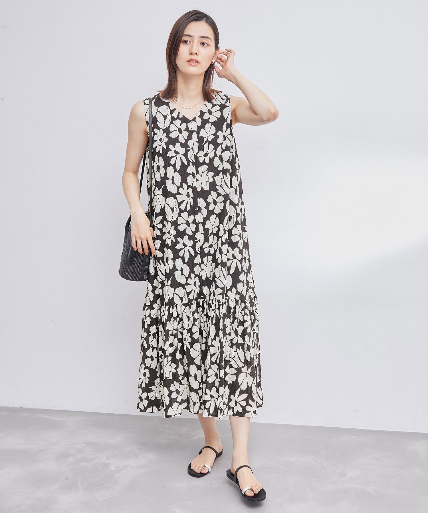 ROPE「プリント＆無地 ティアードワンピース」|ワンピース|