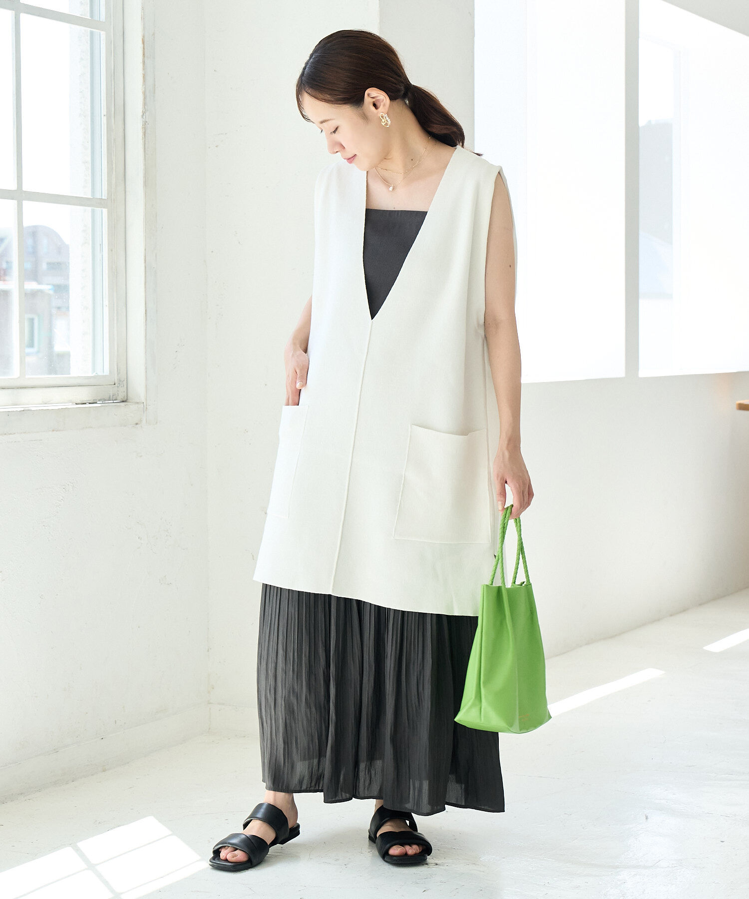 Rope&rsquo;Picnic「RENU/Vあきニットロングベスト」|ベスト・ジレ|