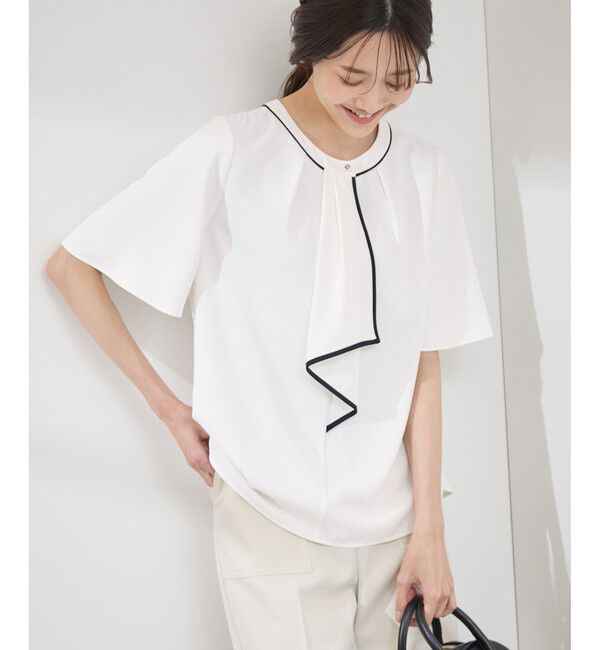 Rope&rsquo;Picnic「【WEB限定サイズ】配色ボウタイ風ハーフスリーブブラウス/通勤対応」|シャツ・ブラウス|