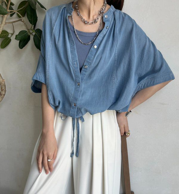  「シアーデニムポンチョ風ブラウス」|シャツ・ブラウス|サックスブルー