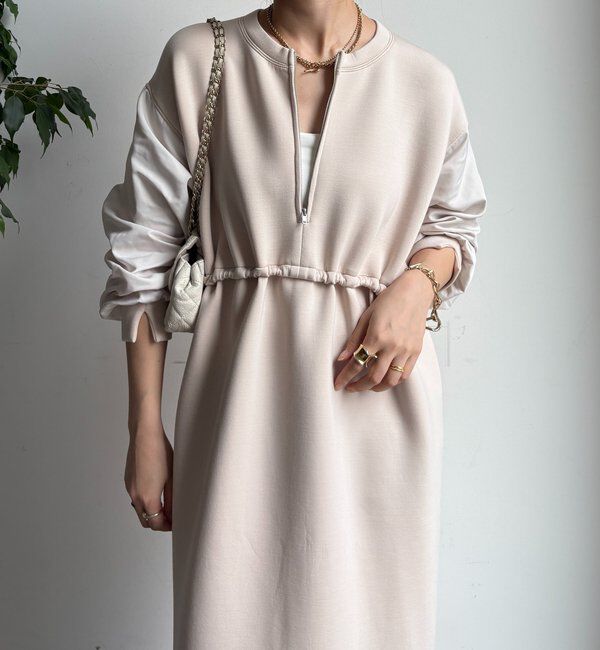  「袖異素材切替ダンボールワンピース」|ワンピース|ライトベージュ