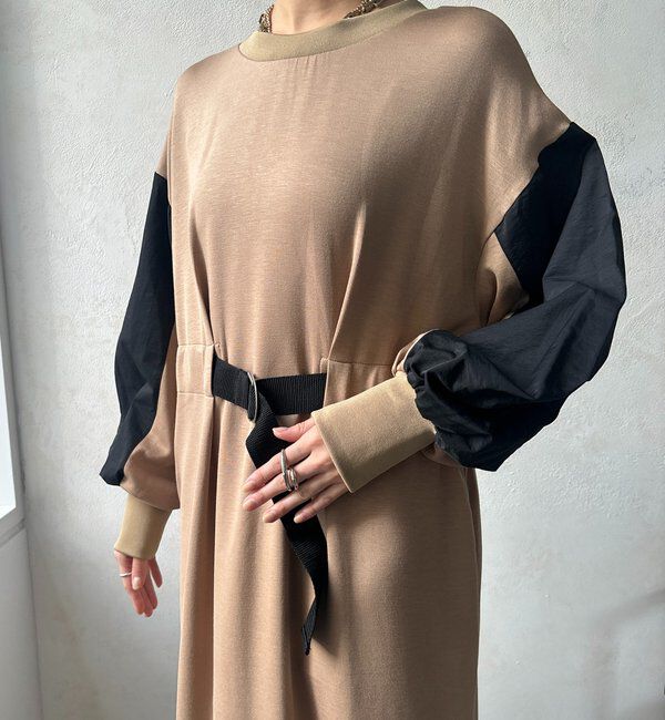  「【WEB限定】ウエストベルト異素材切替ワンピース」|ワンピース|