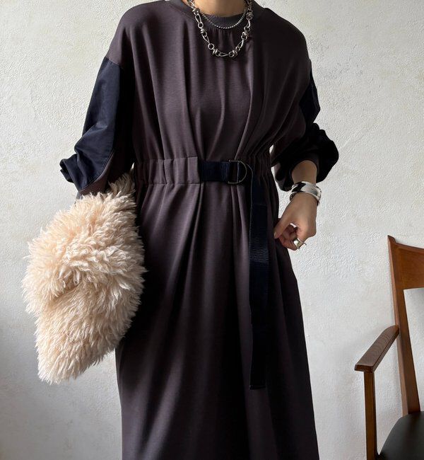  「【WEB限定】ウエストベルト異素材切替ワンピース」|ワンピース|