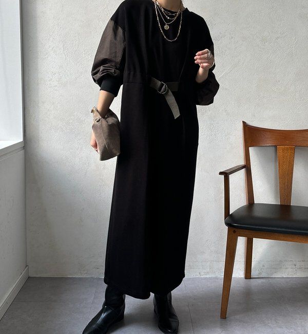  「【WEB限定】ウエストベルト異素材切替ワンピース」|ワンピース|